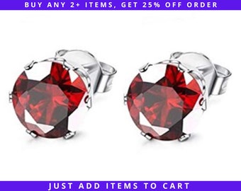 CZ Ruby Stud Earrings, 3/4/5/6/7/8mm July Birthstone, Hypoallergenic Stainless Steel Nickel-Free 316L, Push Back Butterfly Posts Red Garnet