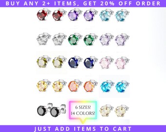 CZ Birthstone Stud Earrings, 3/4/5/6/7/8mm, Hypoallergenic Stainless Steel Nickel-Free 316L, Amethyst Diamond Emerald Sapphire Onyx Topaz