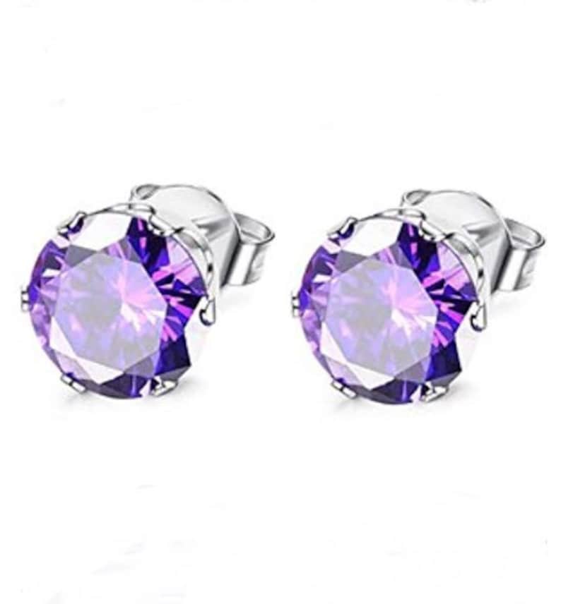 February Birthstone stud push back butterfly posts CZ Amethyst purple color Stud Earrings 3458mm Hypoallergenic Stainless Steel