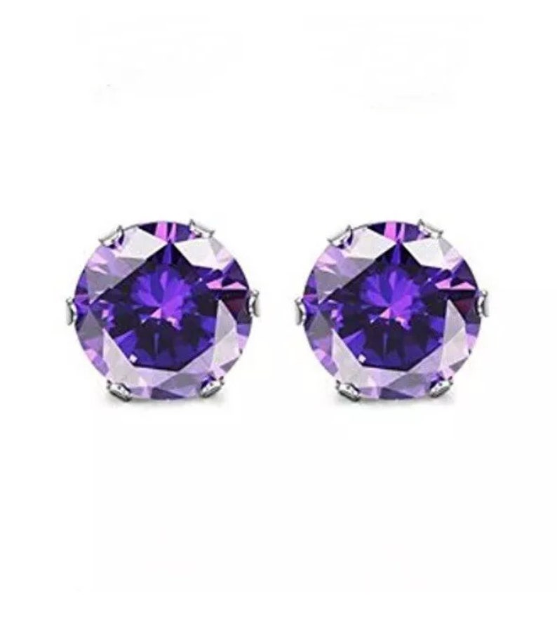 February Birthstone stud push back butterfly posts CZ Amethyst purple color Stud Earrings 3458mm Hypoallergenic Stainless Steel