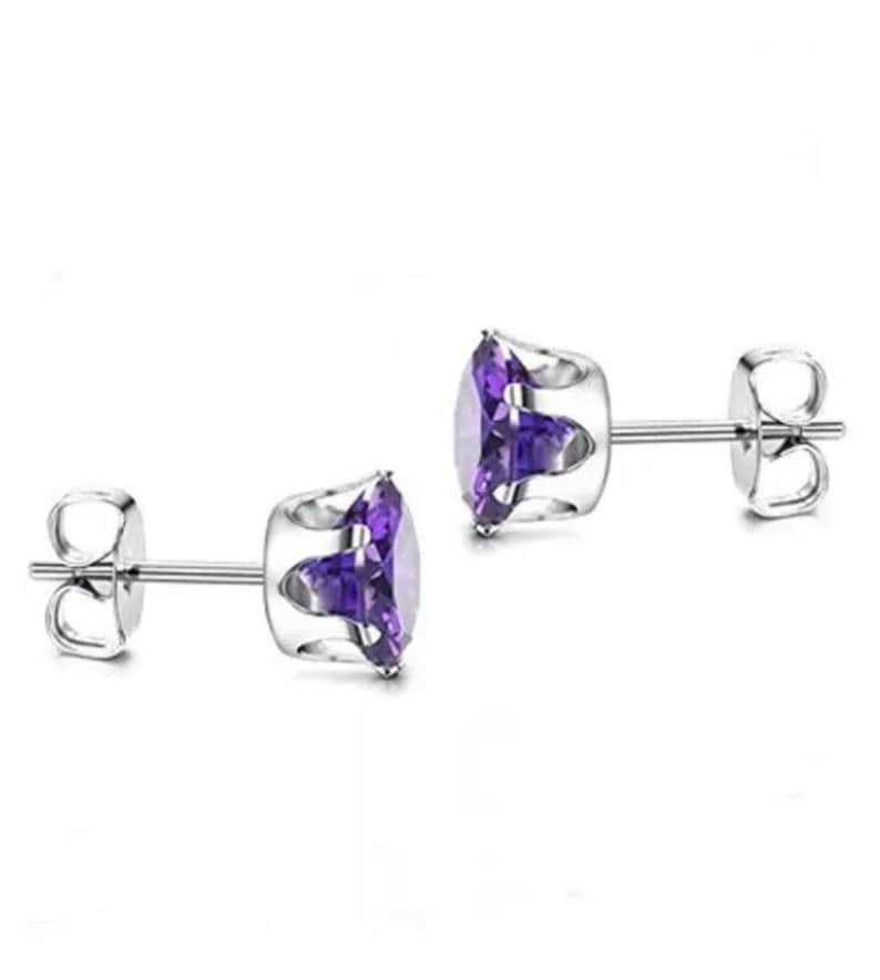 February Birthstone stud push back butterfly posts CZ Amethyst purple color Stud Earrings 3458mm Hypoallergenic Stainless Steel