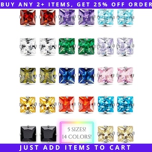 Square CZ Birthstone Stud Earrings, 3/4/5/6/7/8mm, Hypoallergenic Stainless Steel, Ruby Garnet Amethyst Diamond Emerald Sapphire Onyx Topaz
