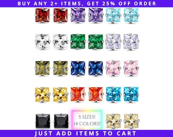 Square CZ Birthstone Stud Earrings, 3/4/5/6/7/8mm, Hypoallergenic Stainless Steel, Ruby Garnet Amethyst Diamond Emerald Sapphire Onyx Topaz