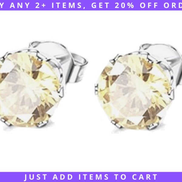 CZ Champagne Diamond Stud Earrings, 3/4/5/6/7/8mm Hypoallergenic Stainless Steel Nickel-Free 316L, Yellow Birthstone, Push Back Butterfly