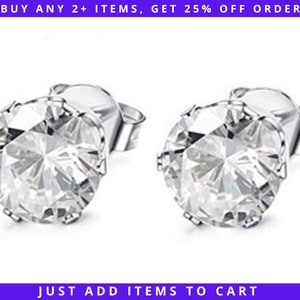CZ Diamond Stud Earrings, 3/4/5/6/7/8mm April Birthstone, Hypoallergenic Stainless Steel Nickel-Free 316L Surgical Push Back Butterfly Posts
