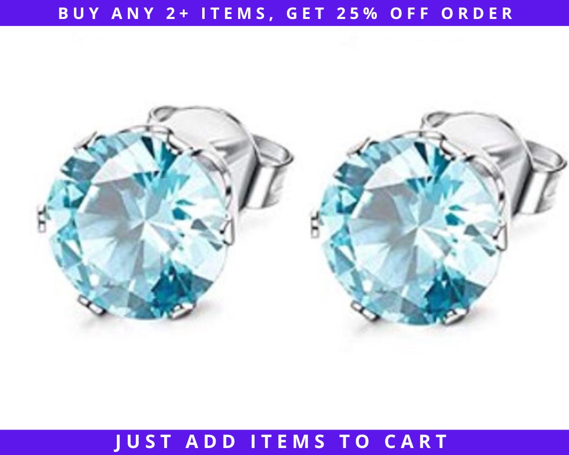 CZ Aquamarine Stud Earrings, 3/4/5/6/7/8mm March Birthstone, Hypoallergenic Stainless Steel Nickel-Free 316L, Push Back Butterfly Posts Blue