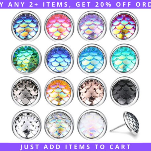 8/10/12mm Scale Stud Earrings, Hypoallergenic Stainless Steel, Iridescent Mermaid Shiny Fish Dragon Fantasy Boho Costume Jewelry Unisex 316L
