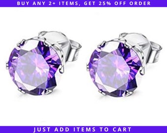 CZ Amethyst Stud Earrings, 3/4/5/6/7/8mm February Birthstone Hypoallergenic Stainless Steel Nickel-Free 316L Push Back Butterfly Post Purple