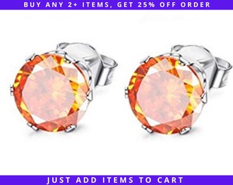 CZ Citrine Stud Earrings, 3/4/5/6/7/8mm November Birthstone, Hypoallergenic Stainless Steel Nickel-Free 316L Push Back Butterfly Post Orange