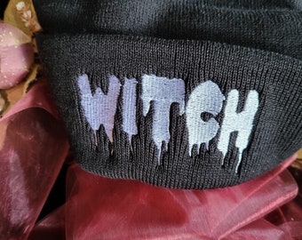 Witch Hat Black Witch Hat Witch Mama Knit Hat Witchcraft Wiccan Hat Witch Vibes Cuffed Cap Witch Punk Black Hat Goth Witch Hat Bruja Cap