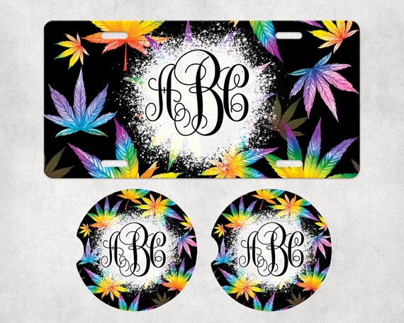 Monogram Car Accessories - Rainbow Pot Leaves - Marijuana Coasters, license plate, air freshener