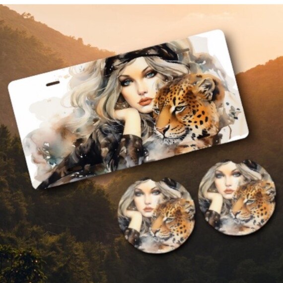 Leopard Cat Car Accessories - Sexy Pinup Girl License Plate, Coasters - Sassy Birthday Gift for Her - Big Exotic Cat - Jungle Decor