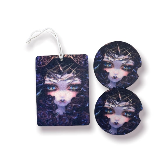 Black Roses Language of Flowers 3pc Car Accessories - Dark Gothic Fantasy - Witch Goddess Floral Garden - Drink Coasters, Air Frshener