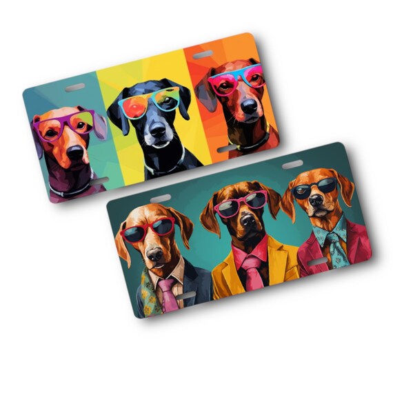 Dogs in Sunglasses Pop Art License Plate - Suits, Shades - sublimated aluminum car tag -Gift for Pet Sitter, Dog Walker, Dog Mom or Dad