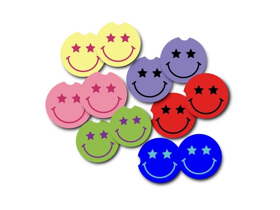 Emoji Car Coasters - Cute Starry Eyes Smiley Face retro car accessories - Bright Cheery Summer Teen Party Favors - Bar Cart Drinkware