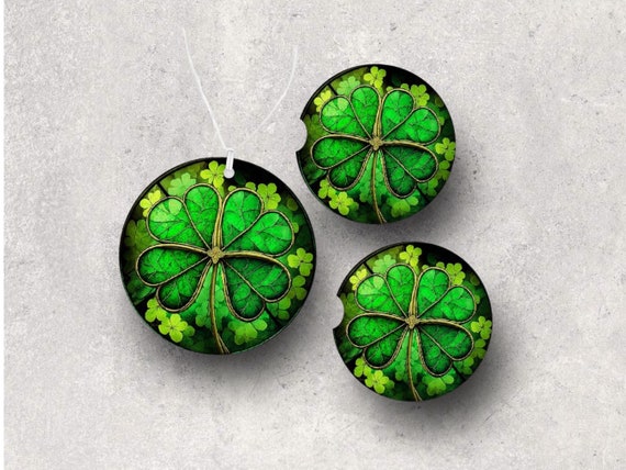 Lucky Irish Four Leaf Clover Car Accessories - Stained Glass Look - St Patrick’s Day Coasters, Air Freshener gift set
