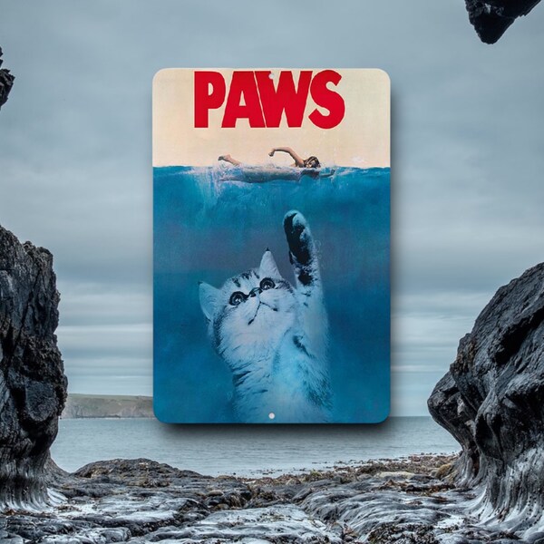 PAWS the Movie Metal Wall Art - Cult Classic Spoof, Gag Gift - Kitten swatting Swimmer - Cat Lover, Pool Party decor - Indoor Outdoor sign