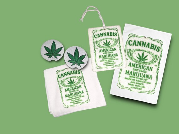 Vintage Cannabis Ad Car accessories - Marijuana Pot Leaf Car Coasters, Microfiber Towel - Bundle