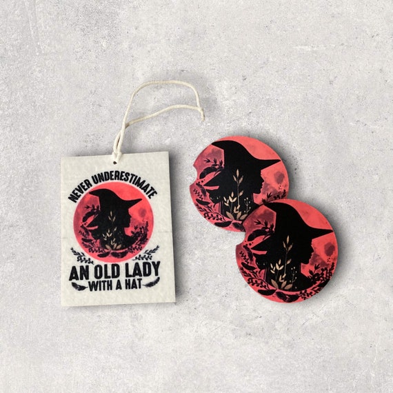 Cute Witch Car accessories - Old Lady with a Hat - Wiccan Coasters, Air Freshener, towel gift bundle - funny sarcastic quotes about Life