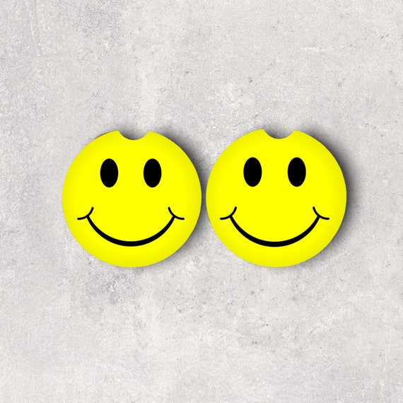 Smiley Emoji Car Coasters - Happy Face Car Accessories - Neoprene Drink Coasters - Yellow Retro Birthday Party Favors