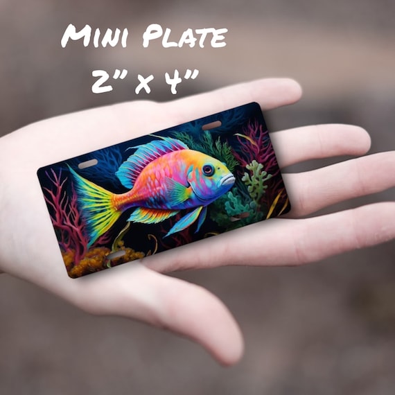 Cute Fish Mini Plate - Tropical Kids Room Nursery Decor - Nautical Sea Life Wall Sign -Colorful Neon Scooter Tag, Bike Name Plate, Tricycle