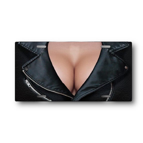 Sexy License Plate - Biker Chick with Big Boobs, Huge Tits, Knockers, nice Rack, Black Leather Cleavage - Dad gift for him, Man Cave Decor