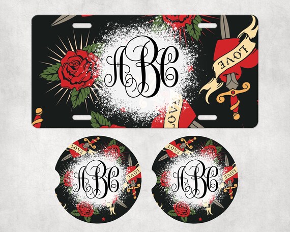 N20 Monogram Traditional Old School Tattoo Art Car Accessories - License Plate, Drink Coasters, Air Freshener- Roses, Sword through a Heart