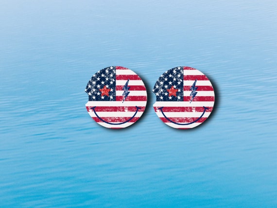 USA Car Coasters - Patriotic Smiley Face Emoji - Retro Dad Gift for Him - American Flag - Veteran Gift - 4th of July Picnic Decor