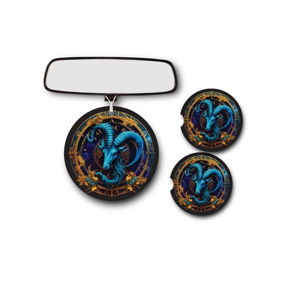 Capricorn Zodiac car Accessories Gift Set - Coasters, Air Freshener -  Horned Goat Celestial Constellation - 10th Star Sign - Earth element
