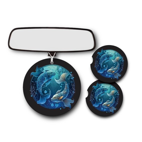 Pisces Zodiac car Accessories - Coasters, Air Freshener - Celestial Star Sign - February 19th to March 20th Birthday gift sets - Fish sign
