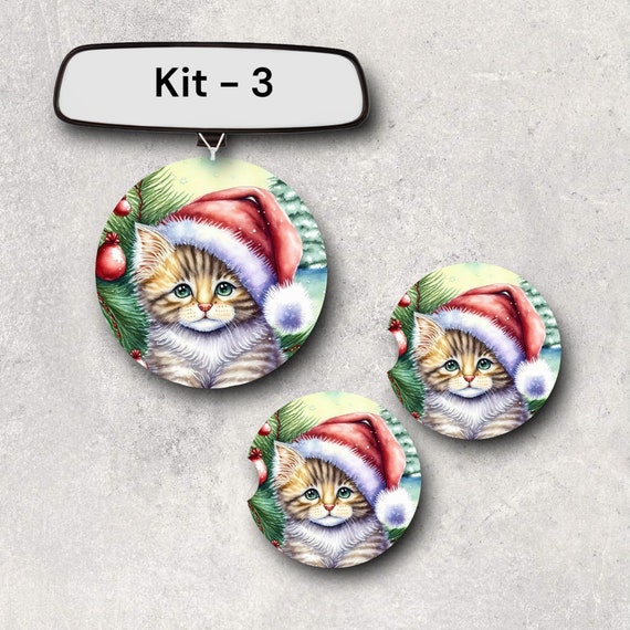 Christmas Kitten Cat Breed Car Accessories - Air Freshener, Coasters - Maine Coon, Tabby, Orange with Santa Hat - Stocking Stuffer gift sets