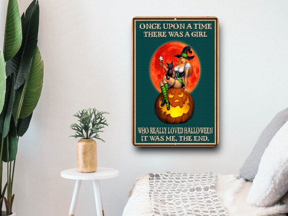 Halloween Metal Wall Sign - Girl who loves - Witch w Black Cat 8x10 sign - Fall Home Decor -Teen gift for Her - Indoor Outdoor Party decor