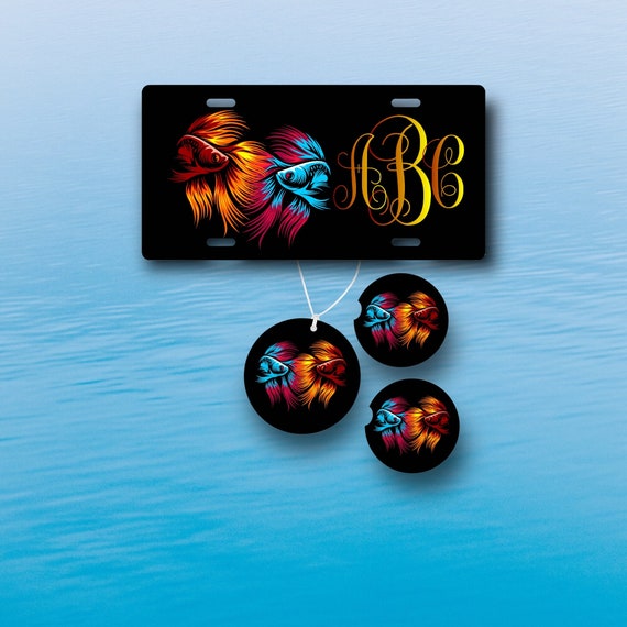 Betta Fish Car Accessories - Personalized Gold, Blue Siamese Fighting Fish - Monogrammed Birthday gift - Hobbyist Fish Room Decor