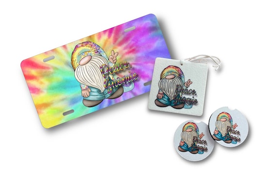 Peace Gnome Car accessories - Retro Tie Dyed Hippie Gnomie - Drink Coasters, Air Freshener, Cloth Towel - Fathers Day gift for Dad, Birthday