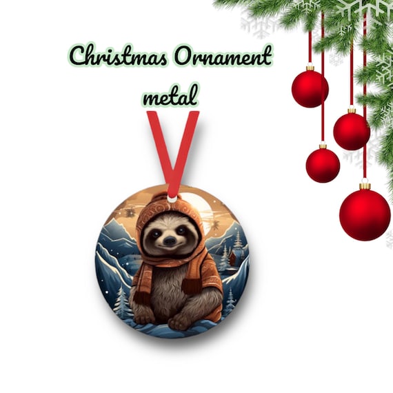Santa Sloth 11 Christmas Ornament - cute zoo animals - metal holiday Gift Tag - Party Favors - whimsical Winter Kids room decor