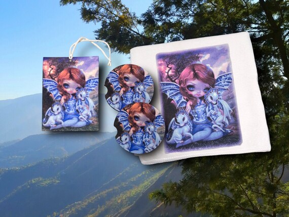 Dragon Car Accessories - Gothic Spring Coasters- Ginger Blue Willow Fairy with Baby Dragons - Mother’s Day, Birthday Gift for Her - Teen