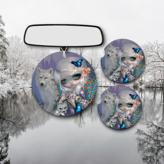 White Wolf Christmas Car Accessories - Winter Kitten, Fairy, blue Morpho Butterfly Gothic Victorian Gift for Teen, favors - Ornament for Her