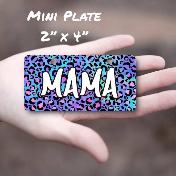 Mama Mini License Plate - Small Metal Wall Sign - Scooter Tag, Bike Plate - Office Decor, Craft Room, She Shed Door Hanging - Pastel Leopard