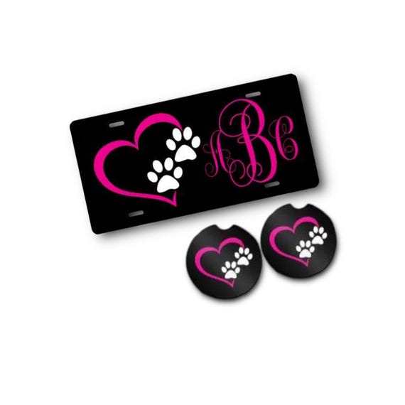 Custom Pet Paw License Plate, Coasters set - personalized Cat, Dog Pink Heart - Monogrammed initials - Memorial gift