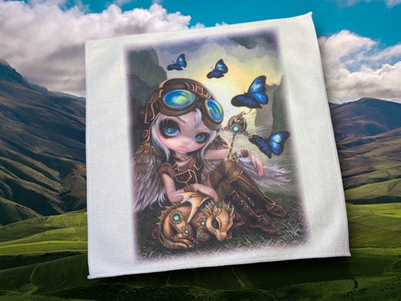 Clockwork Dragon Steampunk Microfiber Towels - Computer Cleaning Cloth - Blue Butterflies - Anime Aviator Fairy - Jasmine Becket-Griffith