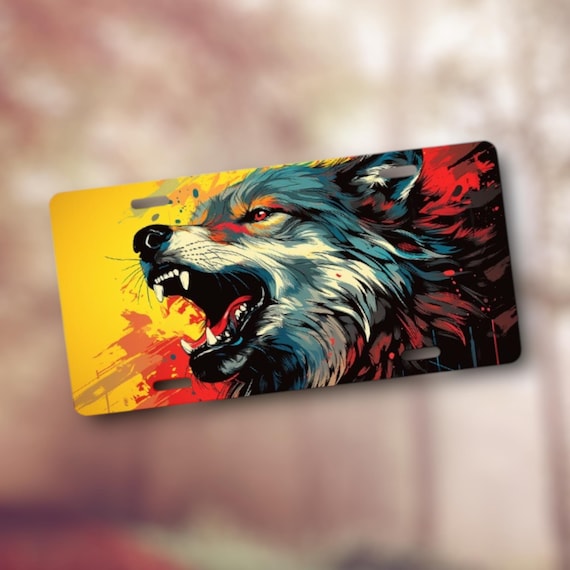 Wolf License Plate - Wild savage forest animals artwork - Aluminum Sublimated Car Tag- Fierce scary Woodland Creatures - Metal wall sign
