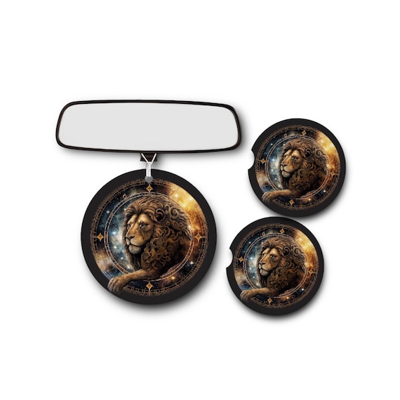 Leo Zodiac car Accessories Gift Set - Birth Sign Coasters, Air Freshener - The Lion - Celestial Star Astrology - Fire element