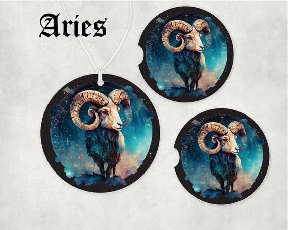 Aries Zodiac Birth Sign car Accessories - Coasters, Air Freshener- Astrology March 21st to April 19th Birthdays - The Ram gift set