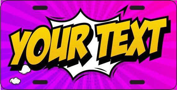Comic Book Explosion Personalized License Plate - Pink Purple Car Tag - Cartoon Kids Bike Plate - Mini Name Plate - Handicapped Wheelchair