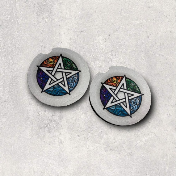 Pentagram Car Coasters - Celtic Knot Drink Coasters - Nature Earth Elements - Bar, Kitchen, Coffee Table - Witch, Wiccan Protection Decor