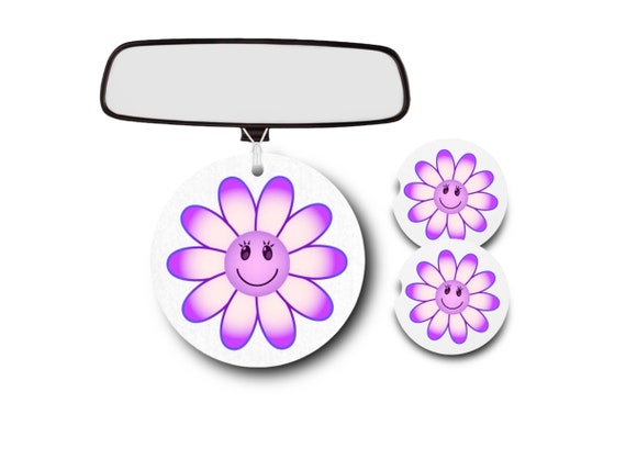 Flower Power Retro Purple Daisy Smiley Face gift set - Vintage Hippie Sunflower - Whimsical Floral Decor for Her car accessories