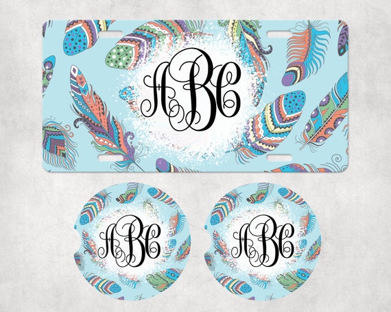 Personalized Car Tag - Native American Feathers - Custom Monogrammed Coasters, license plate, air freshener - Birthday gift set for Her