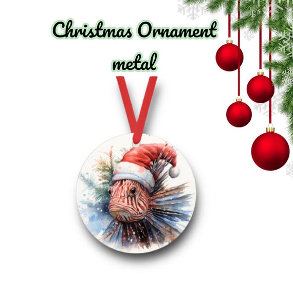 Lionfish Christmas Ornament - Santa fish - metal holiday Gift Tag - Saltwater Fish - Beach house home decor
