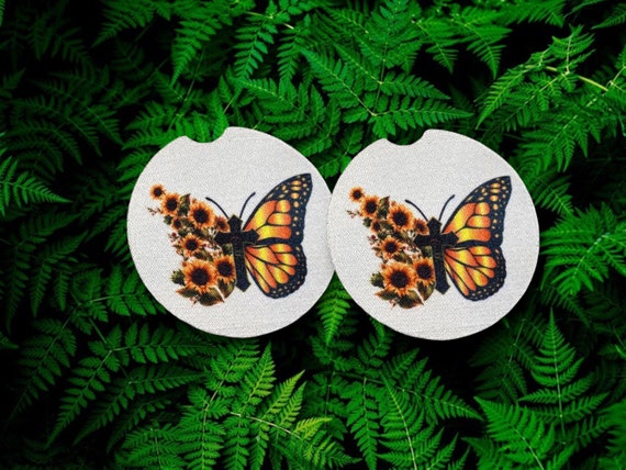 Monarch Butterfly - FAITH Car Coasters - Inspirational Fall decor - Sunflowers Drink Coasters - Birthday gift for Her, Friend, Teen