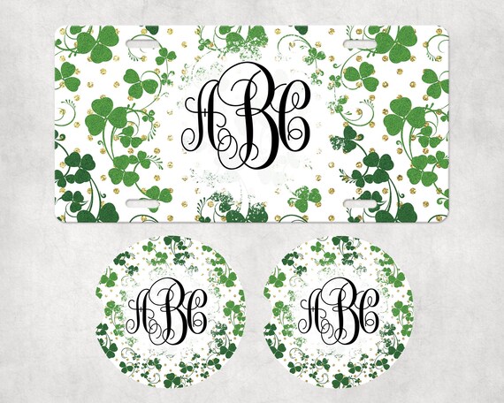 Lucky Clover Monogram Car Accessories - Irish Green - License Plate, Coasters, Air Freshener - Personalized St Patrick, Paddy’s Day